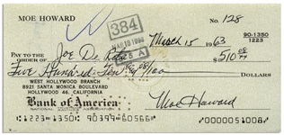 Moe Howard Check Signed to Joe DeRita -- Endorsed by DeRita on Verso -- Dated 15 March 1963 -- Very Good Condition